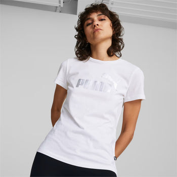 T-shirt bianca da donna con logo argento Puma Essentials +, Abbigliamento Sport, SKU a712000228, Immagine 0